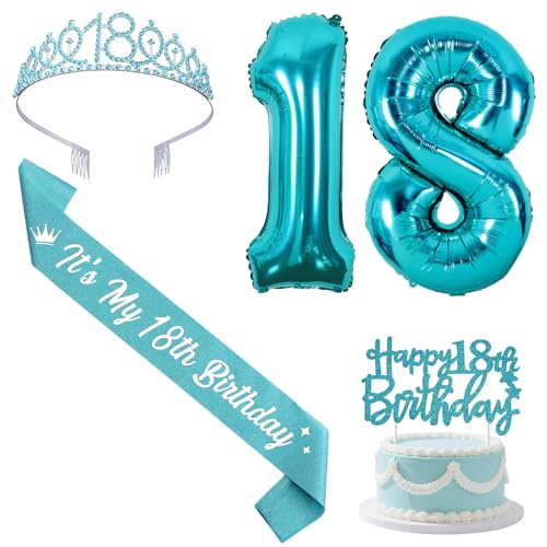 Sursurprise Blaugrün 18 Geburtstag Dekorationen mit Schärpe und Tiara, Happy 18th Birthday Cake Topper Zahl 18 Luftballons 18 Jahre alt Geburtstag Party Supplies für Mädchen Sursurprise Blaugrün 18 Geburtstag Dekorationen mit Schärpe und Tiara, Happy 18th Birthday Cake Topper Zahl 18 Luftballons 18 Jahre alt Geburtstag Party Supplies für Mädchen von Sursurprise