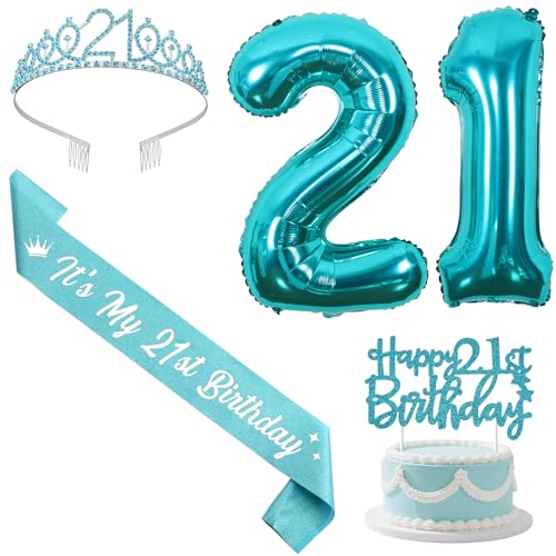 Sursurprise Blaugrün 21. Geburtstag Dekorationen mit Schärpe und Tiara, Happy 21st Birthday Cake Topper Zahl 21 Luftballons 21 Jahre alt Geburtstag Party Supplies für Sie Sursurprise Blaugrün 21. Geburtstag Dekorationen mit Schärpe und Tiara, Happy 21st Birthday Cake Topper Zahl 21 Luftballons 21 Jahre alt Geburtstag Party Supplies für Sie von Sursurprise