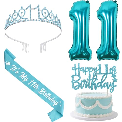 Sursurprise Blaugrüne Dekoration zum 11. Geburtstag, mit Schärpe und Diadem, Happy 11th Birthday Cake Topper, Zahl 11 Luftballons, 11 Jahre alt Geburtstag Party Supplies für Mädchen Sursurprise Blaugrüne Dekoration zum 11. Geburtstag, mit Schärpe und Diadem, Happy 11th Birthday Cake Topper, Zahl 11 Luftballons, 11 Jahre alt Geburtstag Party Supplies für Mädchen von Sursurprise