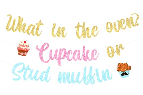 Sursurprise Cupcake oder Stud Muffin Geschlecht Reveal Dekorationen, Was in der Coven? Cupcake oder Stud Muffin Banner für Junge oder Mädchen Geschlecht Reveal Party Supplies Baby Dusche Dekorationen von Sursurprise