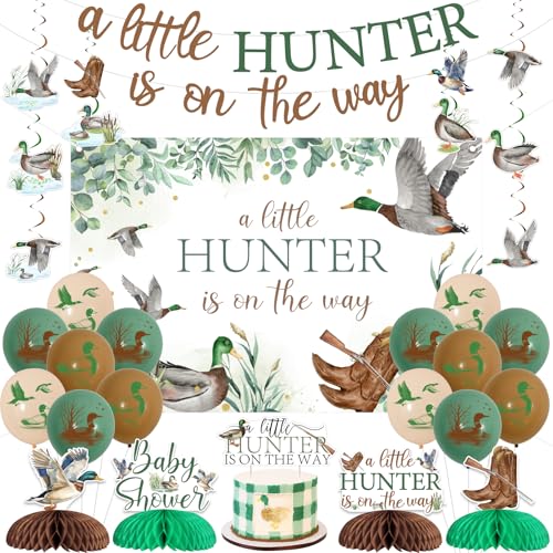 Sursurprise Dekoration für Babypartys, Motiv: Entenjagd, Aufschrift "A Little Hunter Is On the Way", Banner, Kuchendekoration, Luftballons, hängende Wirbel, Waben-Mittelstücke für Stockente, Jagd Sursurprise Dekoration für Babypartys, Motiv: Entenjagd, Aufschrift "A Little Hunter Is On the Way", Banner, Kuchendekoration, Luftballons, hängende Wirbel, Waben-Mittelstücke für Stockente, Jagd von Sursurprise
