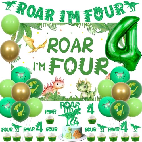 Sursurprise Dinosaurier 4. Geburtstag Dekorationen, Roar I'm Four Backdrop Banner Cake Topper Cupcake Toppers Ballons für Jungen 4 Jahre alt Geburtstag Party Supplies von Sursurprise