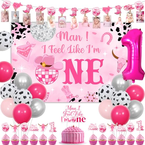 Sursurprise Disco Cowgirl 1. Geburtstag Dekorationen, Man I Feel Like I'm One Backdrop Cake Topper Cowgirl Foto Banner Cupcake Toppers Ballons für First Rodeo Western Birthday Party Supplies von Sursurprise