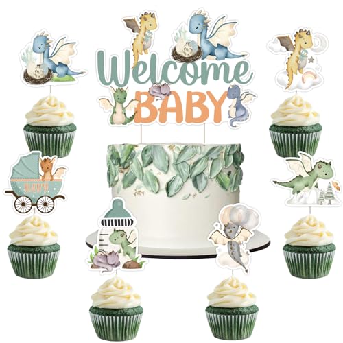 Sursurprise Dragon Baby Shower Dekorationen, 25PCS Willkommen Baby Kuchen Topper Dragon Cupcake Topper für Drachen Party Supplies von Sursurprise