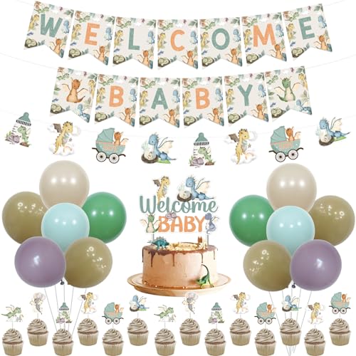 Sursurprise Dragon Baby Shower Dekorationen, Dragon Welcome Baby Banner Cake Topper Cupcake Toppers Ballons für Dragon Party Supplies von Sursurprise