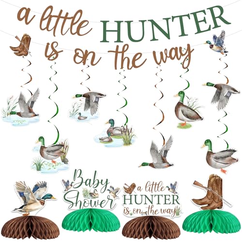 Sursurprise Entenjagd-Babyparty-Dekorationen, A Little Hunter Is On The Way Banner, Waben-Mittelstücke, Stockente hängende Wirbel für Jäger-Partyzubehör Sursurprise Entenjagd-Babyparty-Dekorationen, A Little Hunter Is On The Way Banner, Waben-Mittelstücke, Stockente hängende Wirbel für Jäger-Partyzubehör von Sursurprise