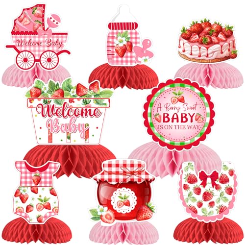 Sursurprise Erdbeer-Babyparty-Dekorationen, 8 Stück Erdbeer-Waben-Mittelstücke, ein Beeren-Süßes Baby ist unterwegs, Tischdekoration für Mädchen, Obst-Themen-Partyzubehör von Sursurprise