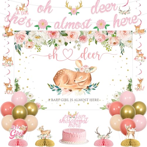 Sursurprise Hirsch-Babyparty-Dekorationen für Mädchen, Oh Deer She's Almost Here Hintergrund Banner Kuchen Topper hängende Wirbel Waben-Mittelstücke Luftballons, Waldtier-Partyzubehör Sursurprise Hirsch-Babyparty-Dekorationen für Mädchen, Oh Deer She's Almost Here Hintergrund Banner Kuchen Topper hängende Wirbel Waben-Mittelstücke Luftballons, Waldtier-Partyzubehör von Sursurprise