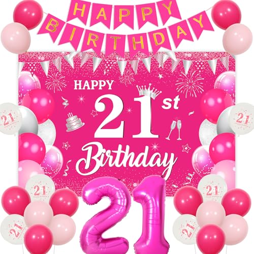 Sursurprise Hot Pink 21. Geburtstag Dekorationen für sie: Hot Pink Happy 21st Birthday Hintergrund Banner, Nummer 21 Ballon, Party Supplies von Sursurprise