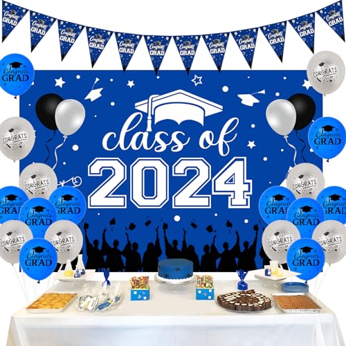 Sursurprise Klasse von 2024 Graduation Dekorationen Marineblau, Klasse von 2024 Backdrop Congrats Grad Banner, Latex-Ballons, Gratulation Graduation Party Supplies von Sursurprise