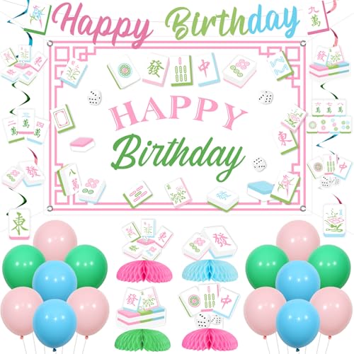 Sursurprise Mahjong Party-Dekorationen Mahjong Happy Birthday Hintergrund Banner Kuchen Topper hängende Wirbel Waben-Mittelstücke Luftballons, Let's Get Our Mahj-ON Birthday Game Celebration Supplies von Sursurprise