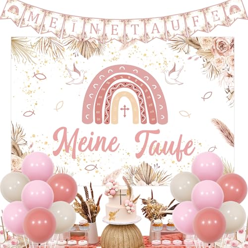 Sursurprise Meine Taufe Deko für Mädchen Rosa - Regenbogen Banner Hintergrund, Erstkommunion Luftballon, Kommunion Konfirmation Regenbogen Deko von Sursurprise