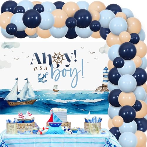 Sursurprise Nautische Babyparty-Dekorationen, Ahoy It's A Boy Babyparty-Hintergrund, nautische Ballon-Girlande, Bogen-Set für Ozean, Segeln, Babyparty, Partyzubehör, EU-F-PA-10418 Sursurprise Nautische Babyparty-Dekorationen, Ahoy It's A Boy Babyparty-Hintergrund, nautische Ballon-Girlande, Bogen-Set für Ozean, Segeln, Babyparty, Partyzubehör, EU-F-PA-10418 von Sursurprise