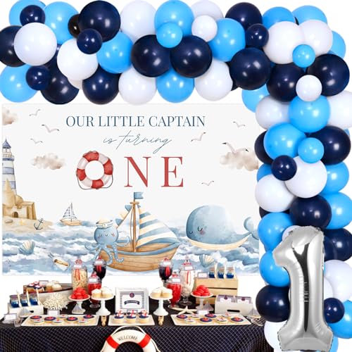 Sursurprise Nautische Dekoration für den ersten Geburtstag, unser kleiner Kapitän dreht einen Hintergrund, nautische Ballon-Girlande, Bogen-Set für Ozean, Segeln, 1. Geburtstag, Partyzubehör von Sursurprise