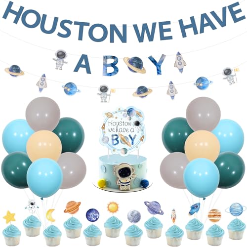 Sursurprise Outer Space Baby Dusche Dekorationen Houston Wir haben einen Jungen Banner Kuchen Topper Ballons für Rocket Astronaut Planet Party Supplies von Sursurprise