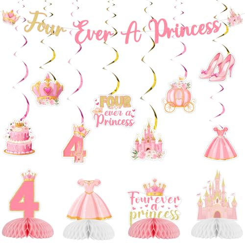 Sursurprise Prinzessin 4. Geburtstag Party Dekorationen, Four Ever A Princess Banner, hängende Wirbel, Waben-Mittelstücke, 4 Jahre alte Geburtstagsparty-Zubehör Sursurprise Prinzessin 4. Geburtstag Party Dekorationen, Four Ever A Princess Banner, hängende Wirbel, Waben-Mittelstücke, 4 Jahre alte Geburtstagsparty-Zubehör von Sursurprise