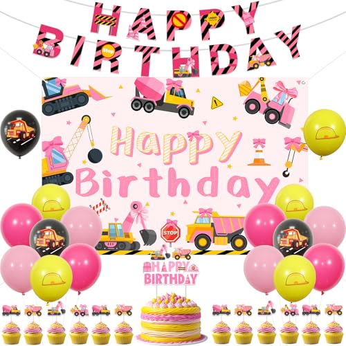 Sursurprise Rosa Bau Geburtstag Party Dekorationen für Mädchen, Bau Happy Birthday Banner Hintergrund Kuchen Topper Cupcake Topper Luftballons Muldenkipper Bulldozer Bagger Party Supplies von Sursurprise