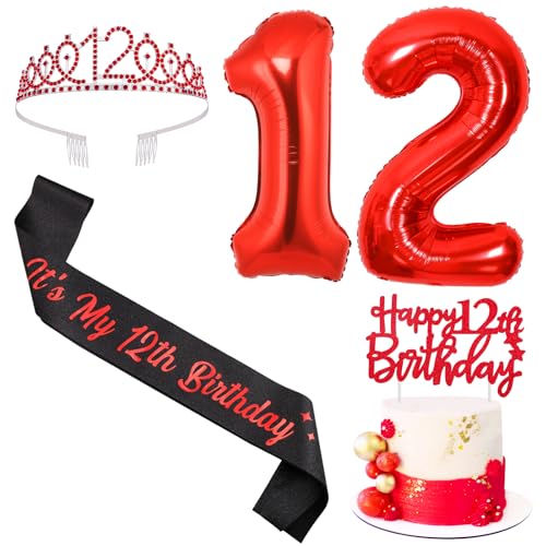 Sursurprise Rot und Schwarz 12. Geburtstag Dekorationen für Jungen Mädchen, 12. Geburtstag Schärpe und Tiara, Cake Topper, Ballon, 12 Year Old Bday Party Supplies Sursurprise Rot und Schwarz 12. Geburtstag Dekorationen für Jungen Mädchen, 12. Geburtstag Schärpe und Tiara, Cake Topper, Ballon, 12 Year Old Bday Party Supplies von Sursurprise