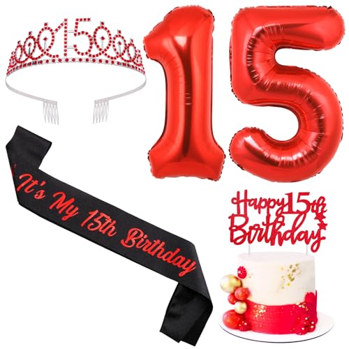 Sursurprise Rot und Schwarz 15. Geburtstag Dekorationen für Jungen Mädchen, 15. Geburtstag Schärpe und Tiara, Cake Topper, Luftballon, 15 Jahre alt Bday Party Supplies von Sursurprise