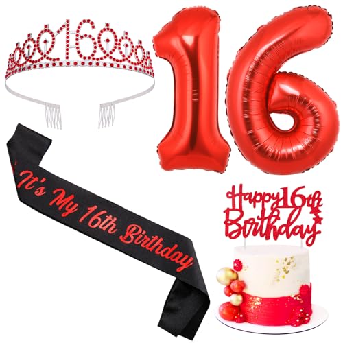 Sursurprise Rot und Schwarz 16. Geburtstag Dekorationen für Jungen Mädchen, 16. Geburtstag Schärpe und Tiara, Cake Topper, Ballon, 16 Jahre alt Bday Party Supplies Sursurprise Rot und Schwarz 16. Geburtstag Dekorationen für Jungen Mädchen, 16. Geburtstag Schärpe und Tiara, Cake Topper, Ballon, 16 Jahre alt Bday Party Supplies von Sursurprise