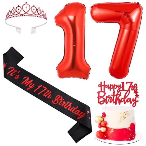Sursurprise Rot und Schwarz 17. Geburtstag Dekorationen für Jungen Mädchen, 17. Geburtstag Schärpe und Tiara, Cake Topper, Luftballon, 17 Jahre alt Bday Party Supplies von Sursurprise