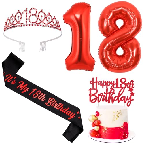 Sursurprise Rot und Schwarz 18. Geburtstag Dekorationen für Jungen Mädchen, 18. Geburtstag Schärpe und Tiara, Cake Topper, Ballon, 18 Year Old Bday Party Supplies Sursurprise Rot und Schwarz 18. Geburtstag Dekorationen für Jungen Mädchen, 18. Geburtstag Schärpe und Tiara, Cake Topper, Ballon, 18 Year Old Bday Party Supplies von Sursurprise