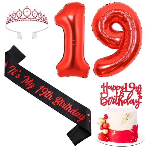 Sursurprise Rot und Schwarz 19. Geburtstag Dekorationen für Jungen Mädchen, 19. Geburtstag Schärpe und Tiara, Cake Topper, Luftballon, 19 Jahre alt Bday Party Supplies von Sursurprise