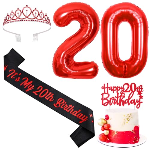 Sursurprise Rot und Schwarz 20. Geburtstag Dekorationen für Jungen Mädchen, 20. Geburtstag Schärpe und Tiara, Cake Topper, Ballon, 20 Jahre alt Bday Party Supplies Sursurprise Rot und Schwarz 20. Geburtstag Dekorationen für Jungen Mädchen, 20. Geburtstag Schärpe und Tiara, Cake Topper, Ballon, 20 Jahre alt Bday Party Supplies von Sursurprise