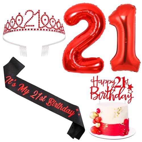 Sursurprise Rot und Schwarz 21. Geburtstag Dekorationen für Ihn Sie, 21. Geburtstag Schärpe und Tiara, Cake Topper, Ballon, 21 Jahre alt Bday Party Supplies von Sursurprise