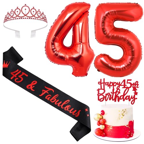 Sursurprise Rot und Schwarz 45. Geburtstag Dekorationen für Männer Frauen, 45. Geburtstag Schärpe und Tiara, Cake Topper, Ballon, 45 Year Old Bday Party Supplies Sursurprise Rot und Schwarz 45. Geburtstag Dekorationen für Männer Frauen, 45. Geburtstag Schärpe und Tiara, Cake Topper, Ballon, 45 Year Old Bday Party Supplies von Sursurprise