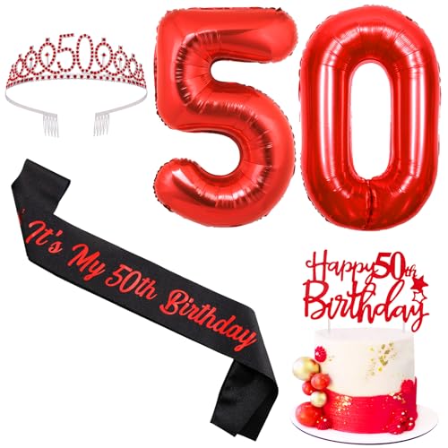 Sursurprise Rot und Schwarz 50. Geburtstag Dekorationen für Männer Frauen, 50. Geburtstag Schärpe und Tiara, Cake Topper, Ballon, 50 Jahre alt Bday Party Supplies von Sursurprise