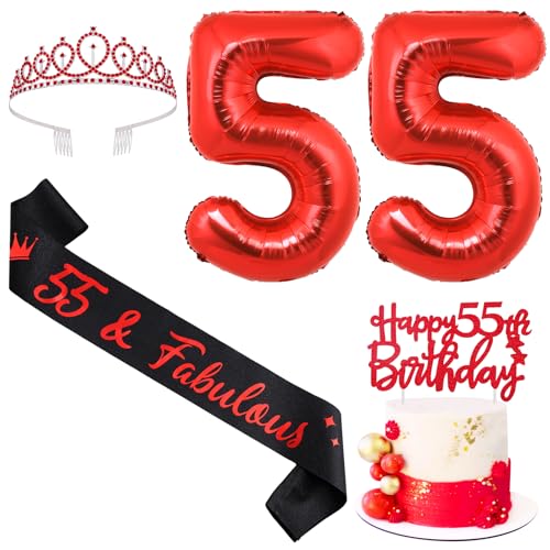 Sursurprise Rot und Schwarz 55. Geburtstag Dekorationen für Männer Frauen, 55. Geburtstag Schärpe und Tiara, Cake Topper, Ballon, 55 Year Old Bday Party Supplies Sursurprise Rot und Schwarz 55. Geburtstag Dekorationen für Männer Frauen, 55. Geburtstag Schärpe und Tiara, Cake Topper, Ballon, 55 Year Old Bday Party Supplies von Sursurprise