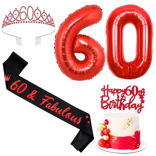 Sursurprise Rot und Schwarz 60. Geburtstag Dekorationen für Männer Frauen, 60. Geburtstag Schärpe und Tiara, Cake Topper, Luftballon, 60 Jahre alt Bday Party Supplies von Sursurprise