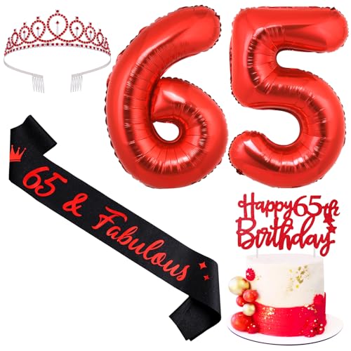 Sursurprise Rot und Schwarz 65. Geburtstag Dekorationen für Männer Frauen, 65. Geburtstag Schärpe und Tiara, Cake Topper, Luftballon, 65 Jahre alt Bday Party Supplies von Sursurprise