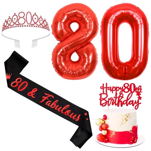 Sursurprise Rot und Schwarz 80. Geburtstag Dekorationen für Männer Frauen, 80. Geburtstag Schärpe und Tiara, Cake Topper, Luftballon, 80 Jahre alt Bday Party Supplies von Sursurprise