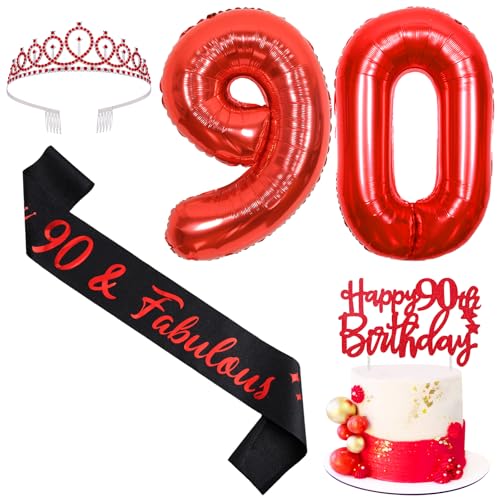 Sursurprise Rot und Schwarz 90. Geburtstag Dekorationen für Männer Frauen, 90. Geburtstag Schärpe und Tiara, Cake Topper, Ballon, 90 Jahre alt Bday Party Supplies Sursurprise Rot und Schwarz 90. Geburtstag Dekorationen für Männer Frauen, 90. Geburtstag Schärpe und Tiara, Cake Topper, Ballon, 90 Jahre alt Bday Party Supplies von Sursurprise