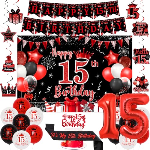 Sursurprise Rote und schwarze Dekoration zum 15. Geburtstag für Jungen und Mädchen, Happy 15th Birthday Backdrop Banner, Kuchendekoration, hängende Wirbel, Schärpe, Zahl 15 Luftballons, 15 Jahre alte Sursurprise Rote und schwarze Dekoration zum 15. Geburtstag für Jungen und Mädchen, Happy 15th Birthday Backdrop Banner, Kuchendekoration, hängende Wirbel, Schärpe, Zahl 15 Luftballons, 15 Jahre alte von Sursurprise