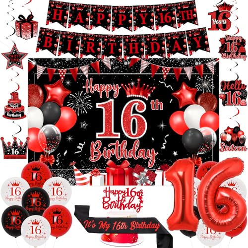 Sursurprise Rote und schwarze Dekoration zum 16. Geburtstag für Jungen und Mädchen, Happy 16th Birthday Backdrop Banner, Kuchendekoration, hängende Wirbel, Schärpe, Zahl 16 Luftballons, Partyzubehör Sursurprise Rote und schwarze Dekoration zum 16. Geburtstag für Jungen und Mädchen, Happy 16th Birthday Backdrop Banner, Kuchendekoration, hängende Wirbel, Schärpe, Zahl 16 Luftballons, Partyzubehör von Sursurprise