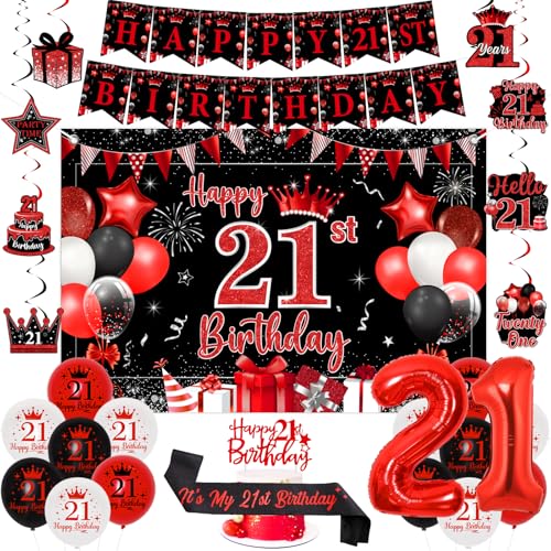 Sursurprise Rote und schwarze Dekoration zum 21. Geburtstag für Sie und Ihn, Happy 21st Birthday Backdrop Banner, Kuchendekoration, hängende Wirbel, Schärpe, Zahl 21 Luftballons, 21 Jahre alte Sursurprise Rote und schwarze Dekoration zum 21. Geburtstag für Sie und Ihn, Happy 21st Birthday Backdrop Banner, Kuchendekoration, hängende Wirbel, Schärpe, Zahl 21 Luftballons, 21 Jahre alte von Sursurprise