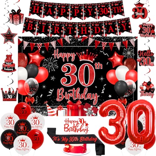 Sursurprise Rote und schwarze Dekoration zum 30. Geburtstag für Männer und Frauen, Happy 30th Birthday Backdrop Banner, Kuchendekoration, hängende Wirbel, Schärpe, Zahl 30 Luftballons, 30 Jahre alte Sursurprise Rote und schwarze Dekoration zum 30. Geburtstag für Männer und Frauen, Happy 30th Birthday Backdrop Banner, Kuchendekoration, hängende Wirbel, Schärpe, Zahl 30 Luftballons, 30 Jahre alte von Sursurprise