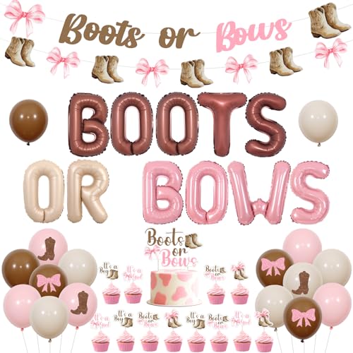 Sursurprise Stiefel oder Schleifen Geschlecht Enthüllung Dekorationen Cowgirl Stiefel Bögen Banner Folienballon Ausschnitte Kuchen Topper Cupcake Toppers Western Gender Reveal Party Supplies von Sursurprise