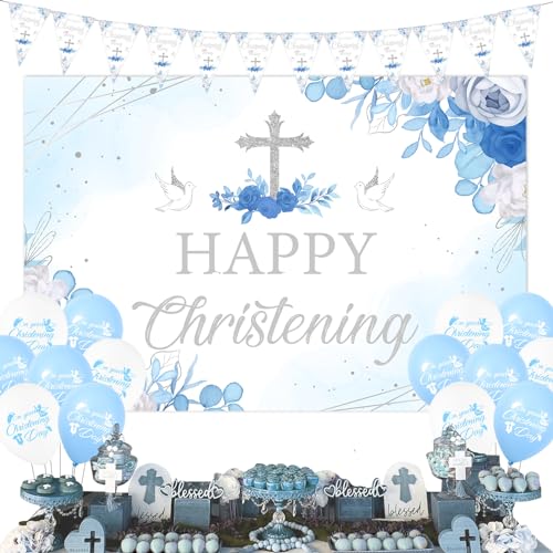 Sursurprise Taufdekorationen Blau für Jungen, Happy Taufe Hintergrund, On Your Christening Day Banner, First Holy Communion Baby Shower Taufe Party Supplies Sursurprise Taufdekorationen Blau für Jungen, Happy Taufe Hintergrund, On Your Christening Day Banner, First Holy Communion Baby Shower Taufe Party Supplies von Sursurprise