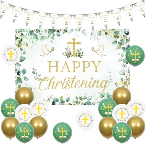 Sursurprise Taufdekorationen Salbeigrün für Jungen Mädchen Happy Taufe Hintergrund On Your Christening Day Banner Kreuz Luftballons Erste Heilige Kommunion Babyparty Taufe Party Supplies von Sursurprise