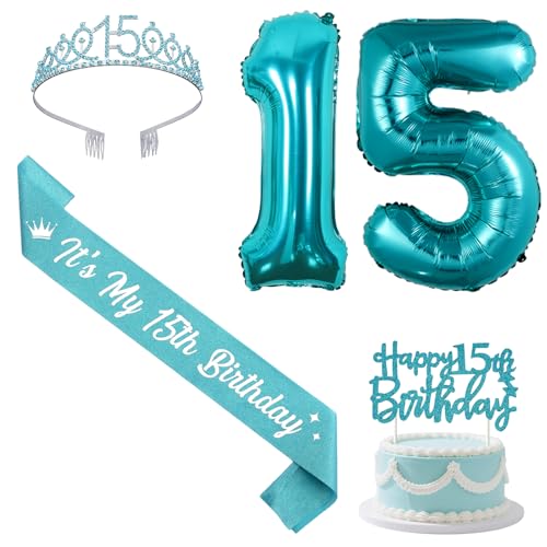 Sursurprise Teal 15th Birthday Decorations with Sash and Tiara, Happy 15th Birthday Cake Topper, Number 15 Balloons, 15 Year Old Bday Party Supplies for Girls Sursurprise Teal 15th Birthday Decorations with Sash and Tiara, Happy 15th Birthday Cake Topper, Number 15 Balloons, 15 Year Old Bday Party Supplies for Girls von Sursurprise