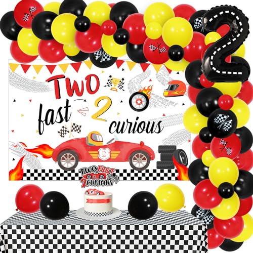 Sursurprise Two Fast Birthday Decorations for Boy, Two Fast Two Curious Backdrop Balloon Garland Arch Kit Racing Car Cake Topper Checkered Tablecloth, Race Car 2nd Birthday Party Supplies von Sursurprise