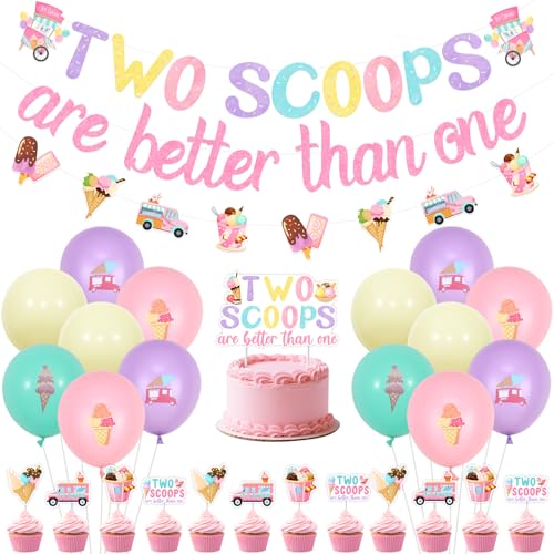 Sursurprise Two Scoops Are Better Than One Banner Cake Topper Cupcake Toppers Balloon Kit for Twins Ice Cream Baby Shower 1st 2nd Birthday Decorations Summer Party Supplies von Sursurprise