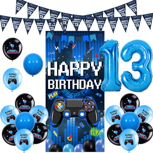 Sursurprise Videospiel 13 Geburtstag Dekorationen für Jungen, Blau Gaming Happy Birthday Türbanner Dreieck Flagge Girlande, Luftballons, Gaming 13 Jahre alt Geburtstag Party Supplies von Sursurprise