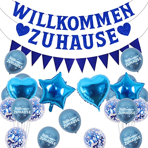 Sursurprise Willkommen Zuhause Dekorationen Blau, Willkommen Zuhause Glitter Banner, Stern und Herz Folienballons für Baby Shower, Homecoming, Deployment Return, Family Gathering Party Supplies Decor von Sursurprise