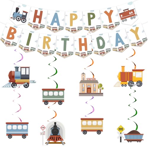 Sursurprise Zugthema Geburtstagsdekorationen, Retro Dampfzug Happy Birthday Banner Hängende Wirbel für Eisenbahnübergang Transport Verkehr Fahrzeug Party Supplies von Sursurprise