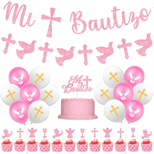 Taufe Deko für Mädchen, Mi Bautizo Banner Girlande Kuchen Cupcake Topper Kreuz Luftballons, Taufe Erstkommunion Gott segnen Party Supplies Pink von Sursurprise